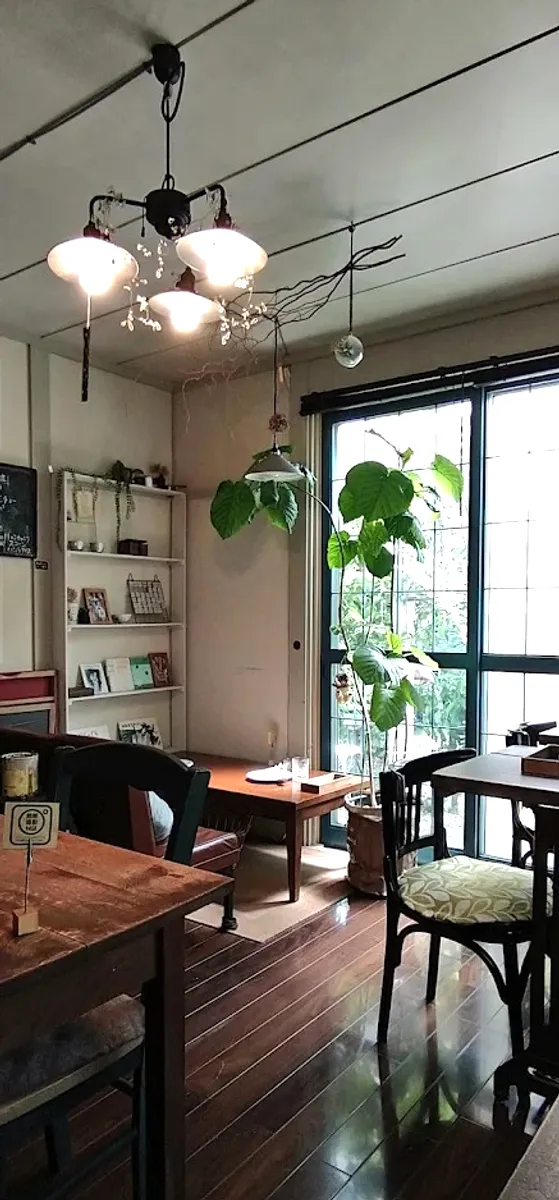 格子窓から光が入り、観葉植物とレトロなペンダントライトが見える店内の一角